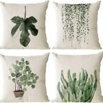 4 Pack of Green Plant Pattern Cotton Linen Throw Pillow Case Cushion Cover thumbnail