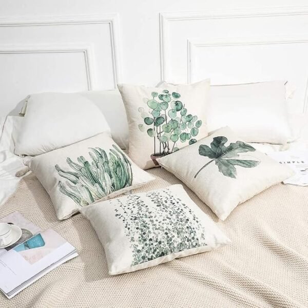 4 Pack of Green Plant Pattern Cotton Linen Throw Pillow Case Cushion Cover - Image 3