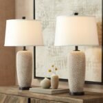360 Lighting Anna 27 1/4″ Tall Modern Coastal Table Lamps Set of 2 Beige Pebbled Fabric thumbnail