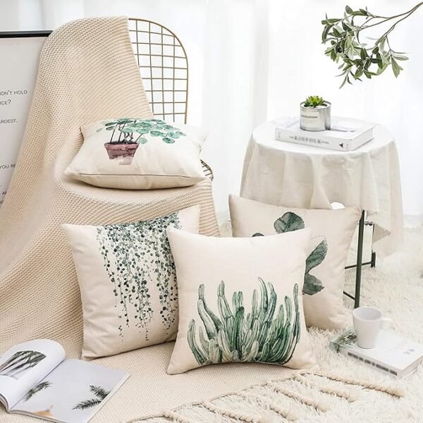 4 Pack of Green Plant Pattern Cotton Linen Throw Pillow Case Cushion Cover - Image 4