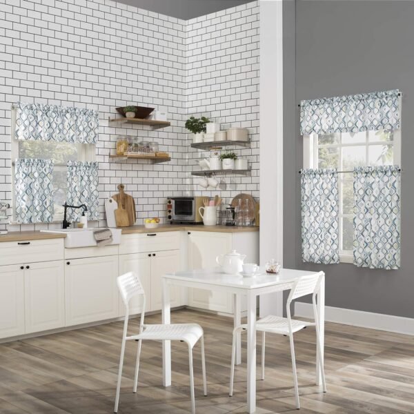 No. 918 Barker Geometric Semi-Sheer Rod Pocket Kitchen Curtain Valance and Tiers Set, 54" x 24", White - Image 3