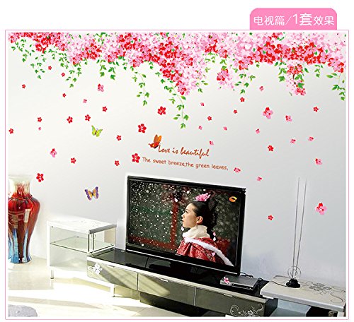 Amaonm Large Huge Fashion Pink Romantic Cherry Blossom Flower Vine Butterfly Wall Corner Decal Wall Stickers Murals Wallpaper for Kids Girls Bedroom Living Room Tv Background Wall Corner Decorations Image