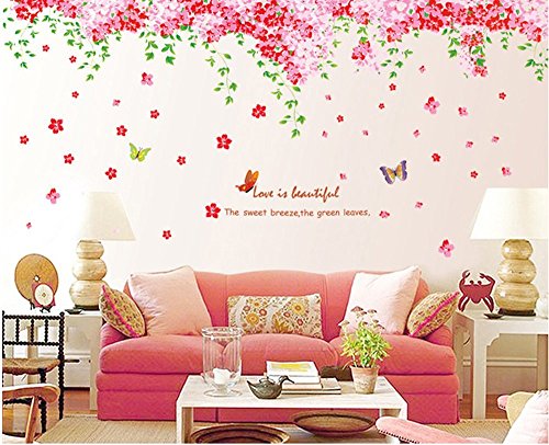 Amaonm Large Huge Fashion Pink Romantic Cherry Blossom Flower Vine Butterfly Wall Corner Decal Wall Stickers Murals Wallpaper for Kids Girls Bedroom Living Room Tv Background Wall Corner Decorations Feature Image