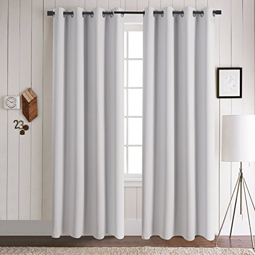 Aquazolax Readymade Solid Thermal Insulated Grommet Blackout Curtains for Bedroom (Set of 2 Panels, 52 by 63 Inch, Greyish White) Feature Image