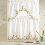 B&H Home Glory Floral Embroidered 3-Piece Kitchen Curtain Window Treatment Set (Beige) thumbnail