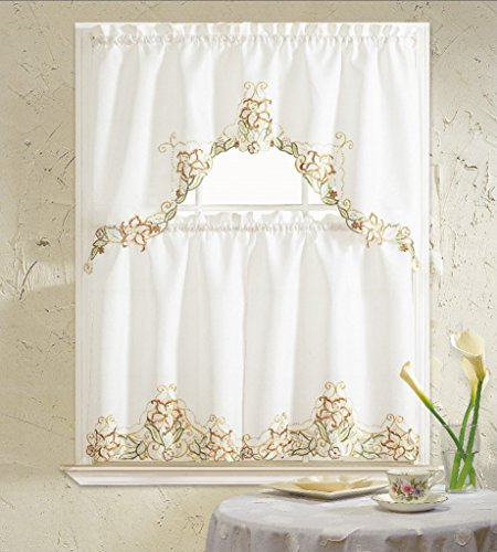 B&H Home Glory Floral Embroidered 3-Piece Kitchen Curtain Window Treatment Set (Beige) Feature Image