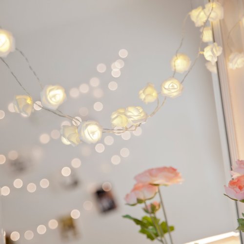 [Built in Auto Timer] 20 LED Warm White Rose Flower Fairy String Lights 7.5 Feet Clear Cable Battery Powered for Valentine’s, Wedding, Bedroom, Indoor Decoration Image