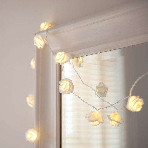[Built in Auto Timer] 20 LED Warm White Rose Flower Fairy String Lights 7.5 Feet Clear Cable Battery Powered for Valentine’s, Wedding, Bedroom, Indoor Decoration Feature Image