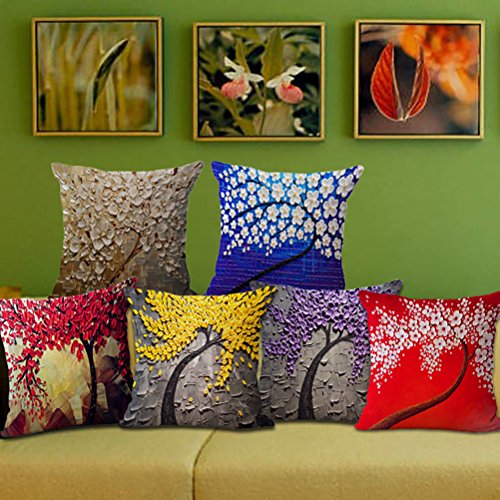 ChezMax Oil Painting Home Decorative Cotton Linen Throw Pillow Cover Cushion Case Square Pillowslip For Kitchen Orange Ginkgo Leaves 18 X 18” Image