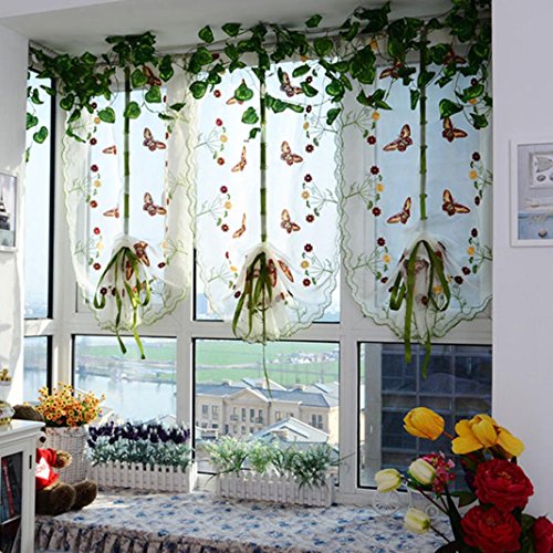 FUA® 1 Piece Pastoral Tulle Window Roman Curtain Embroidered Sheer For Kitchen Living (B) Feature Image