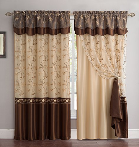 Fancy Collection Embroidery Curtain Set 2 Panel Drapes with Backing & Valance Coffee/brown Feature Image