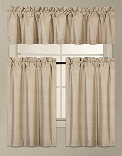 GorgeousHomeLinen (K3) 3 PC Kitchen Window Valance Tier Curtain Faux Silk Panels Solid Lined Thermal Blackout Drape Set (TAUPE) Feature Image