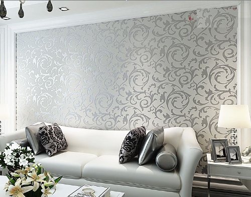 Hanmero Long Murals PVC Vinyl Bump-dimensional Environmental Protection Wall Paper Wallpaper Roll Damask Material Embossed Textured Pattern Wallpaper Tv Living Room Bedroom – Silver Gray Feature Image