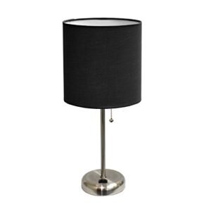 Simple Designs LT2024-BLK Brushed Steel Stick Table Desk Lamp with Charging Outlet and Drum Fabric Shade, Black Shade