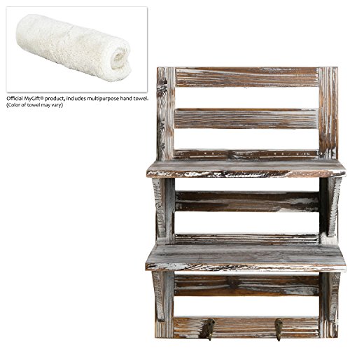 MyGift Rustic Wood Wall Mounted Organizer Shelves w/ 2 Hooks, 2-Tier Storage Rack, Brown Image