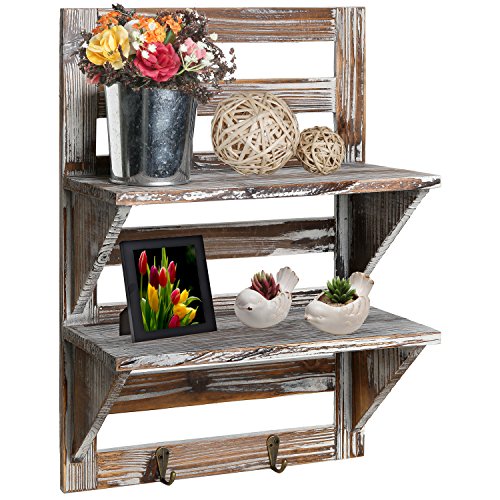 MyGift Rustic Wood Wall Mounted Organizer Shelves w/ 2 Hooks, 2-Tier Storage Rack, Brown Feature Image