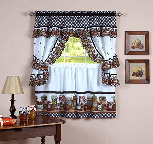 Naturally Home Mason Jars Kitchen Curtain Cottage Set, Tiers and Ruffled Swag, 36-Inch Long Feature Image