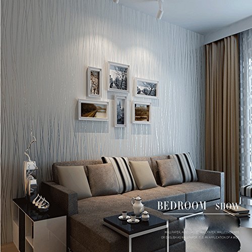 QIHANG Non-woven Classic Flocking Plain Stripe Modern Fashion Wallpaper Wall Paper Roll for Living Room Bedroom Silver&gray Color Wallpaper Roll 0.53m10m=5.3㎡ Image