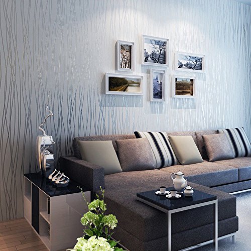 QIHANG Non-woven Classic Flocking Plain Stripe Modern Fashion Wallpaper Wall Paper Roll for Living Room Bedroom Silver&gray Color Wallpaper Roll 0.53m10m=5.3㎡ Image