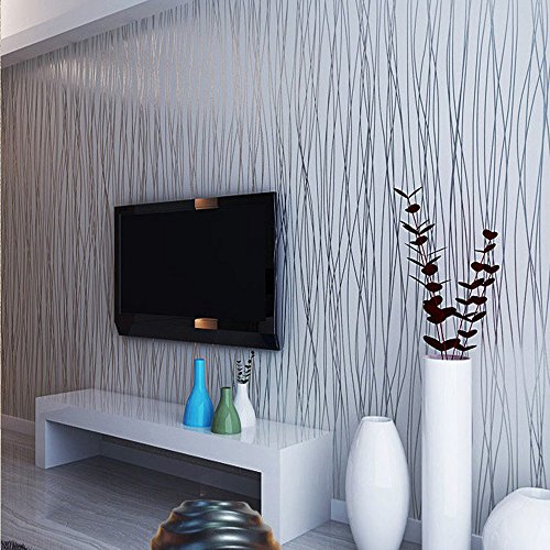 QIHANG Non-woven Classic Flocking Plain Stripe Modern Fashion Wallpaper Wall Paper Roll for Living Room Bedroom Silver&gray Color Wallpaper Roll 0.53m10m=5.3㎡ Feature Image