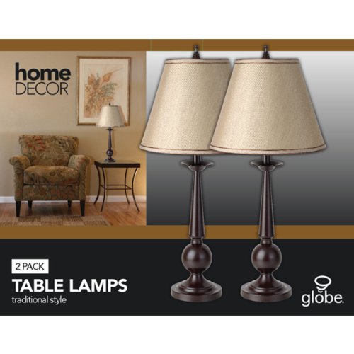 Set of Two 27″ Table Lamps, Bronze Finish, Beige Shades, 2x A19 E26 60W Bulbs (sold separately), Globe Electric 12398 Image