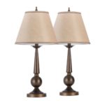Set of Two 27″ Table Lamps, Bronze Finish, Beige Shades, 2x A19 E26 60W Bulbs (sold separately), Globe Electric 12398 thumbnail