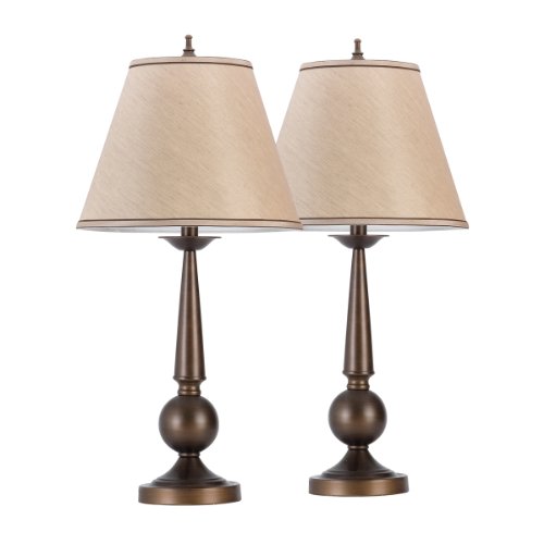 Set of Two 27″ Table Lamps, Bronze Finish, Beige Shades, 2x A19 E26 60W Bulbs (sold separately), Globe Electric 12398 Feature Image