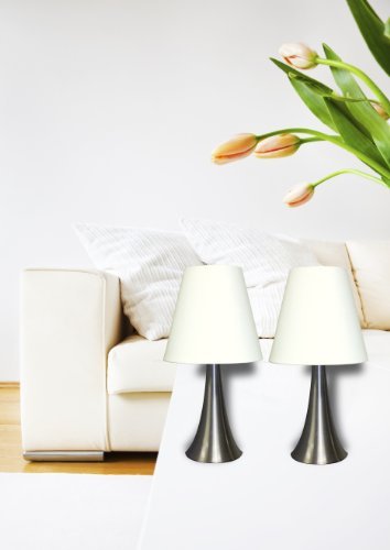 Simple Designs LT2014-WHT-2PK Valencia Brushed Nickel Mini Touch Table Lamps with Fabric Shades, White (Pack of 2) Image