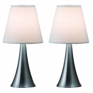 Simple Designs LT2014-WHT-2PK Valencia Brushed Nickel Mini Touch Table Lamps with Fabric Shades, White (Pack of 2)