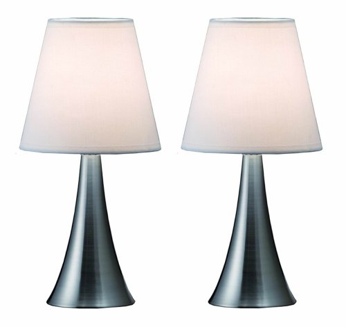 Simple Designs LT2014-WHT-2PK Valencia Brushed Nickel Mini Touch Table Lamps with Fabric Shades, White (Pack of 2) Feature Image