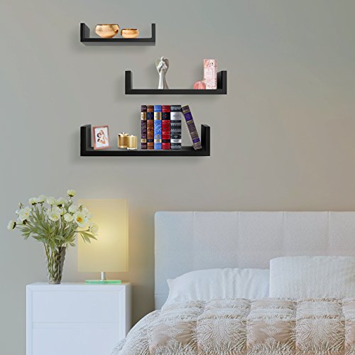 Sorbus Floating Shelves-U Shaped Hanging Wall Shelves for Decoration-Perfect for Picture Frames, Collectibles, Decorative items ,Trophy Display, and Much More (Set of 3, Black) Image