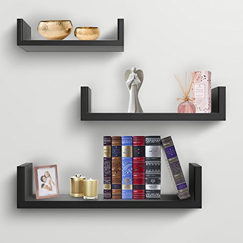 Sorbus Floating Shelves-U Shaped Hanging Wall Shelves for Decoration-Perfect for Picture Frames, Collectibles, Decorative items ,Trophy Display, and Much More (Set of 3, Black) Image