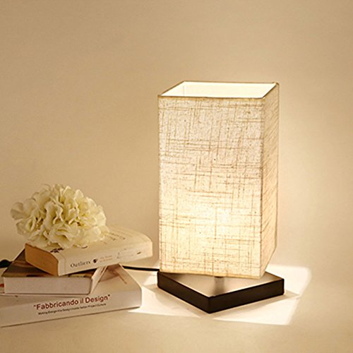 ZEEFO Simple Table Lamp Bedside Desk Lamp With Fabric Shade and Solid Wood for Bedroom, Dresser, Living Room, Baby Room, College Dorm, Coffee Table, Bookcase (Flaxen) Image