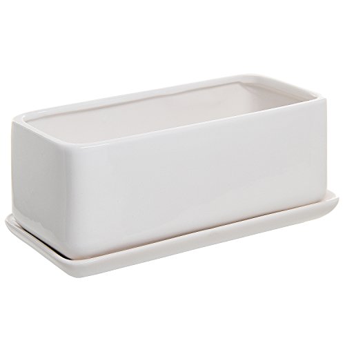 10 inch Rectangular Modern Minimalist White Ceramic Succulent Planter Pot / Window Box with Saucer Image