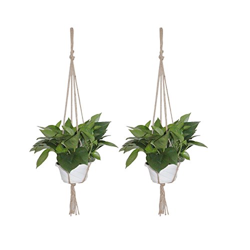 LJY 2-Pack Plant Hanger Macrame Jute 4-Leg without Hoop for Indoor Outdoor Balcony Ceiling Patio Deck Round & Square Pots (Total Length 95cm / 37.4in) Feature Image