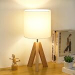 Small Beside Table Lamp, Wood Tripod Table Lamp with White Fabric Shade, Cute Boho Nightstand Lamp thumbnail