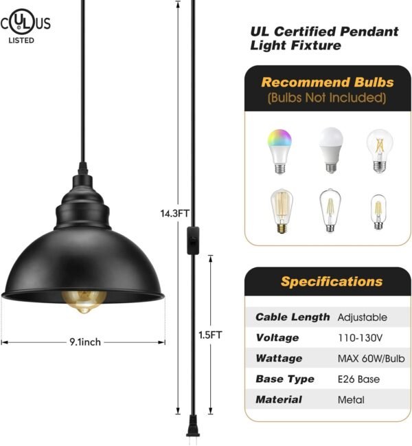 Industrial Pendant Light – Plug-in Hanging Light with 15FT Cord - Image 4