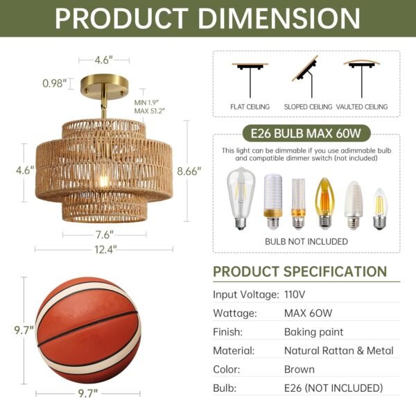 Rattan Pendant Light, 12.4” Handwoven Boho Light Fixture - Image 4