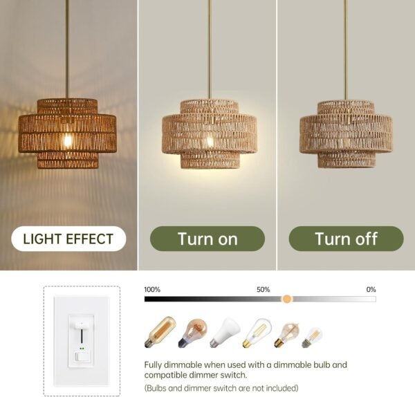 Rattan Pendant Light, 12.4” Handwoven Boho Light Fixture - Image 5